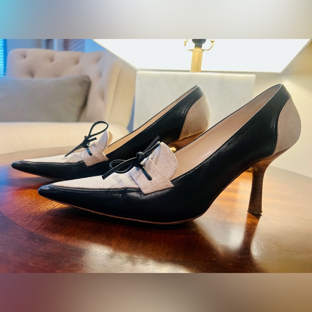 Timeless Chanel Canvas Color Block Pumps in Navy and Neutral.